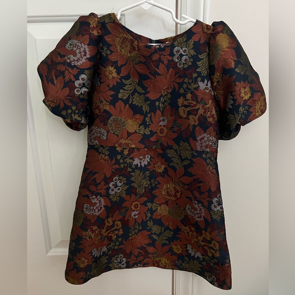 GB girls Navy Floral Jacquard Puff Sleeve dress